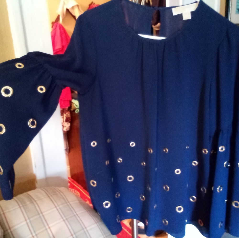 Michael Kors, retro-style top, medium,navy, polyester w/gold-tone embellishments